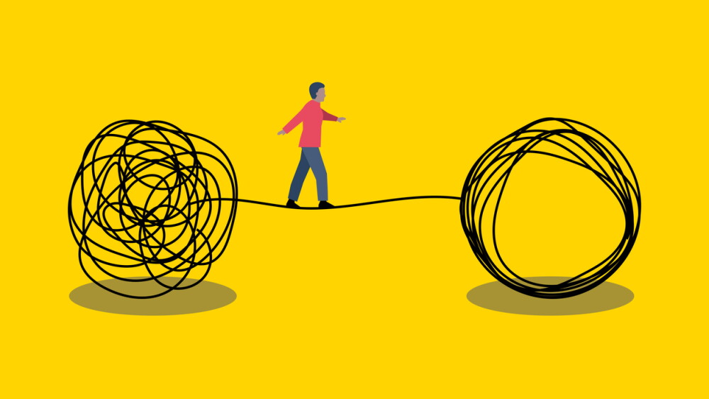 Solution problem concept. Man walking on tightrope. Life coaching, transformation idea. Brainstorming in business. Vector illustration
