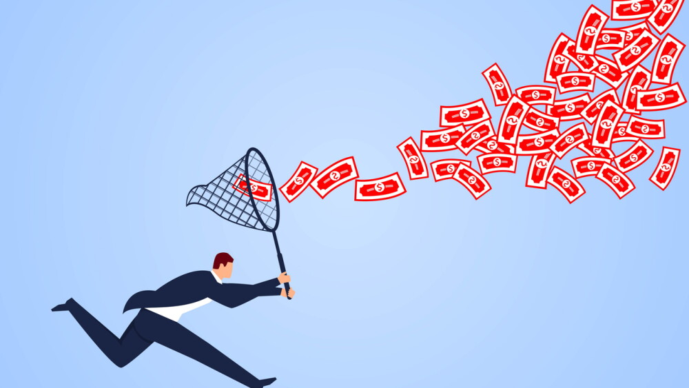 Businessman holding a net bag chasing banknotes in the air, business concept illustration