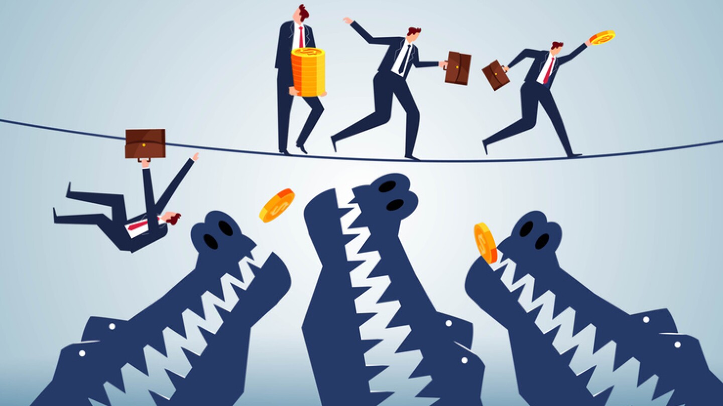 Business investment or risk, high-risk investment, risk-taking, businessmen walking a tightrope across a crocodile area