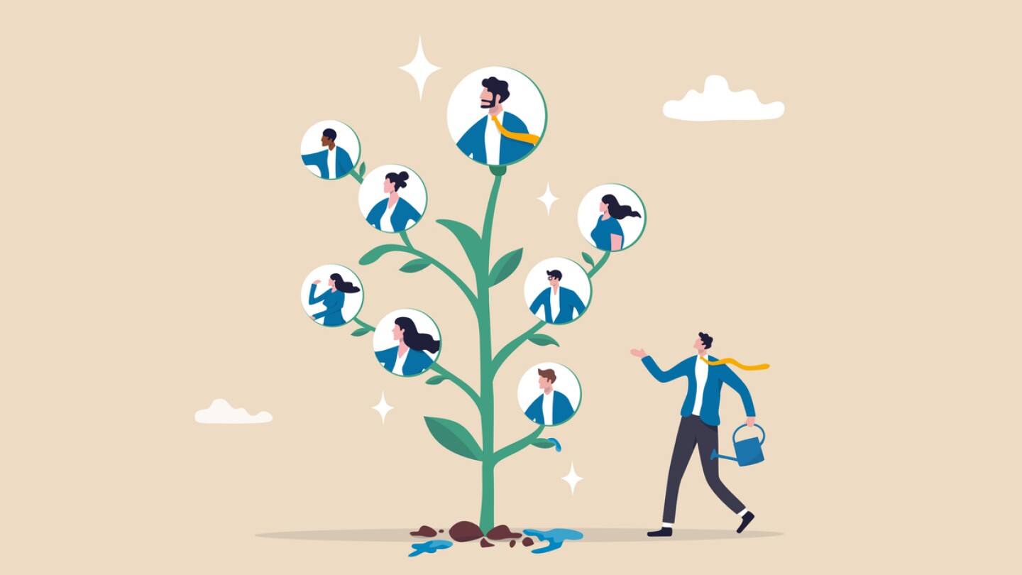 Illustration shows leader watering employees on branch