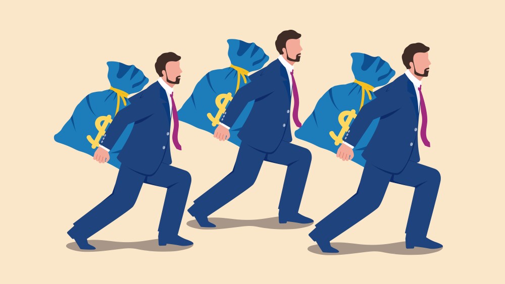 Businessman carrying big bag of money moving forward