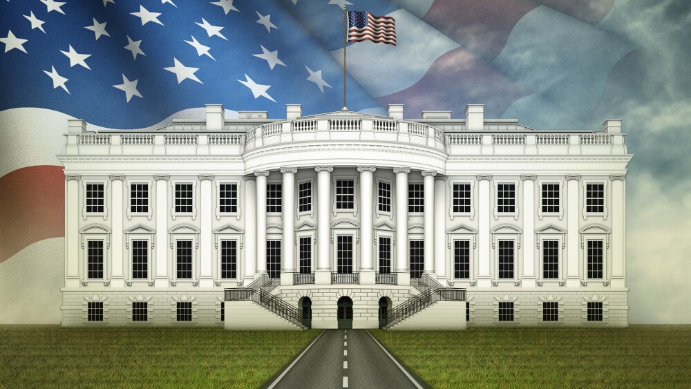 Digital illustration of the White House, a road leading to it, and a stars and stripes pattern in the sky.