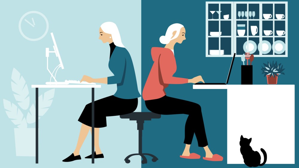 Illustration showing woman in hybrid workplace sharing her time between an office and working from home remotely