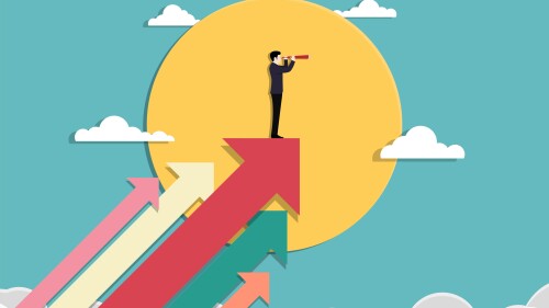 Business vision and target. Businessman holding telescope standing on arrow up go to success in career. Concept business, Achievement, Character, Leader, Vector illustration flat