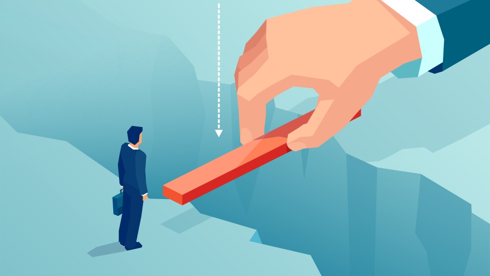 Vector of a small businessman supported by unknown investor bridging the gap in his career path