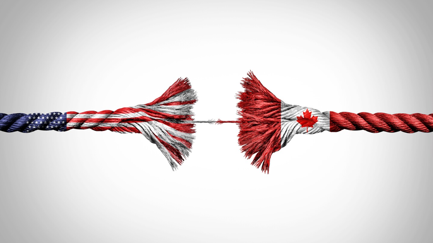 Canada US crisis concept as a Broken Rope stretched with force and stressed to a decoupling metaphor for pressure on the economic and political relationship between Ottawa and Washington.