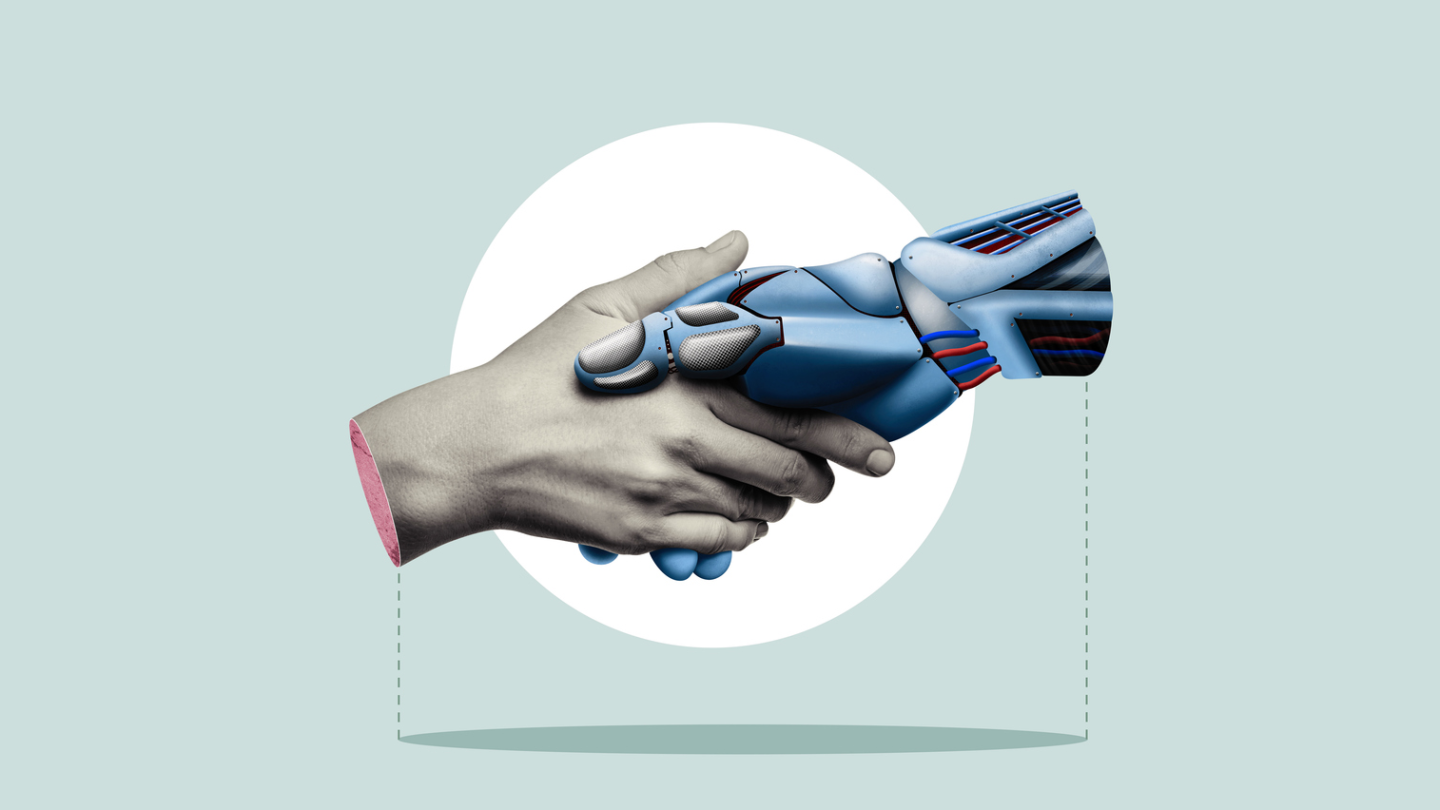 A human hand and a robot hand shake hands over a white circle on a green background