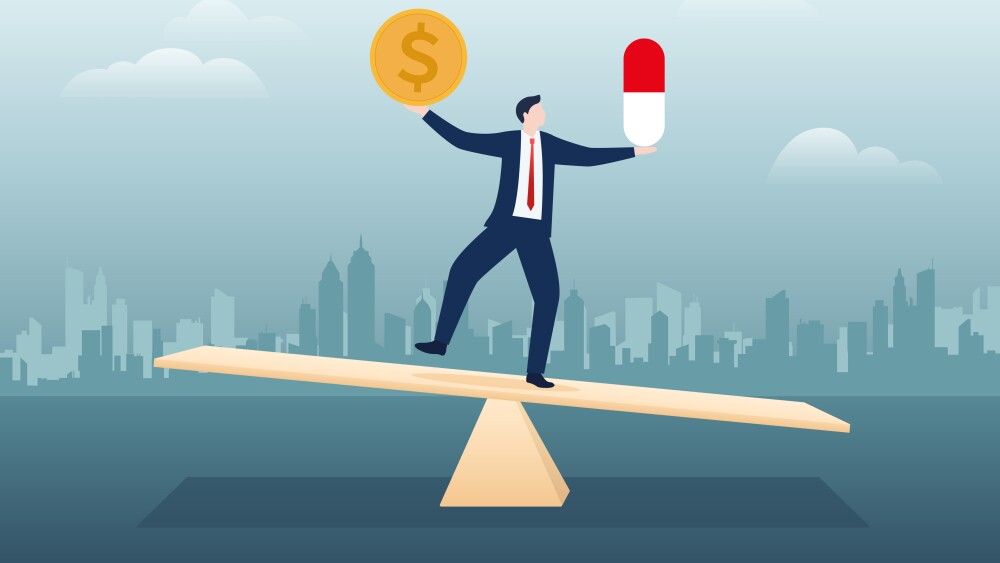 Money or health. Scale of balance between money, dollar and medicine, pill. Cost of health. Compare of price healthcare and healthy. Seesaw between wealth and healthy. Treatment or savings. Vector.