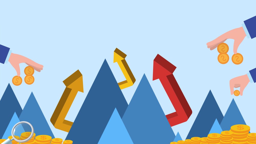 Investment ideas and savings in the form of digital. Hands holding money with arrows and thought goals on Blue Background. Network marketing concept- 3d rendering