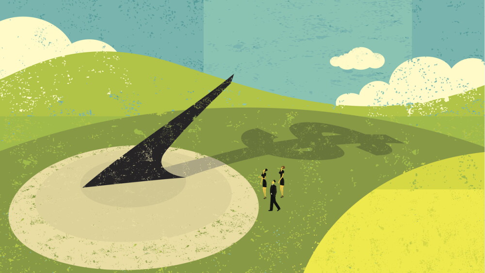 Business people looking at a huge sundial realize that "Time is Money". The people are on a separate labeled layer from the background.
