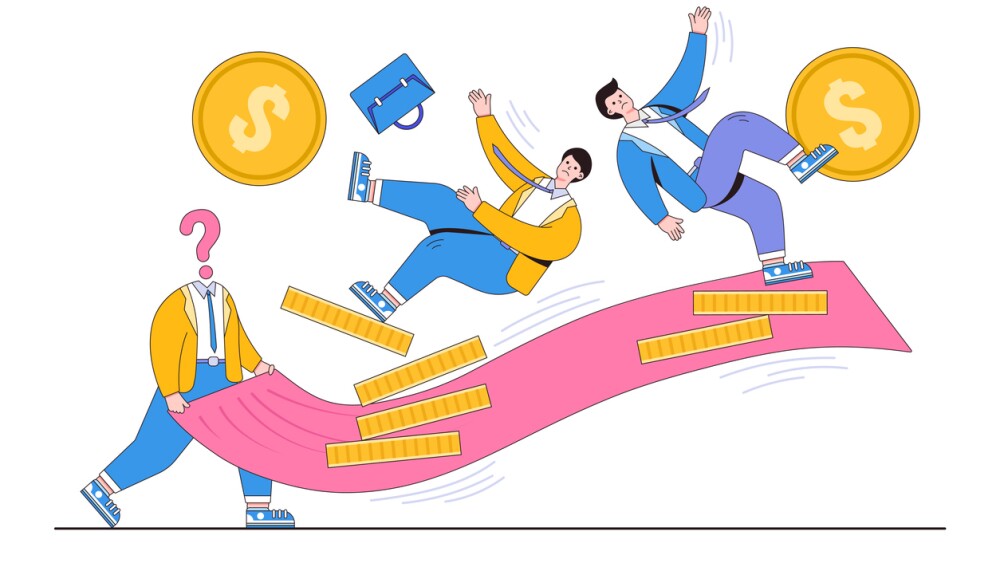 Rug pull crypto, scam coin, trading problem, investment risk in unstable and uncertainty stock market concepts. Unknown people pull carpet and make businesspeople who standing on money falling down.