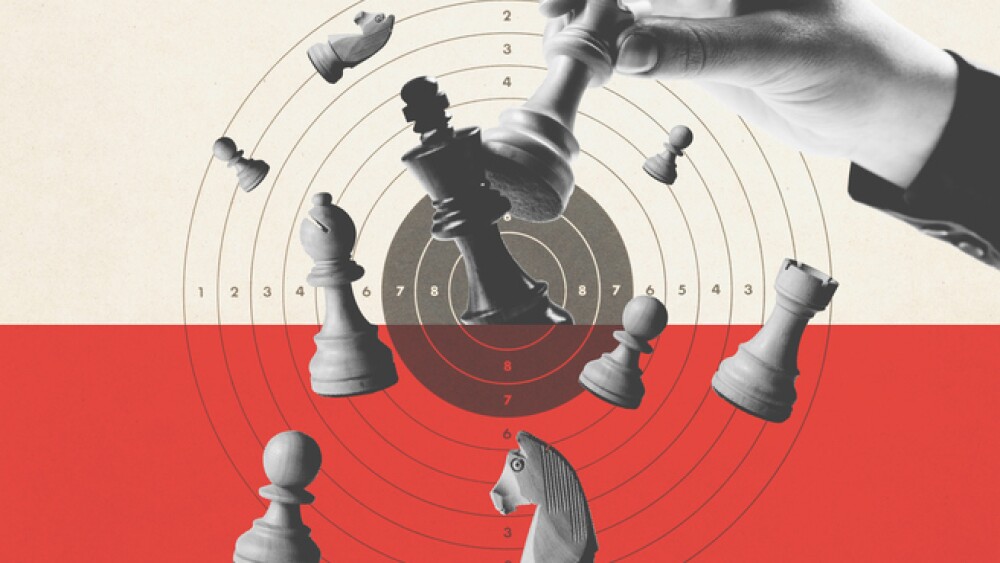 A player checkmates the king, target in the background, chess game and strategy concept, vintage style poster
