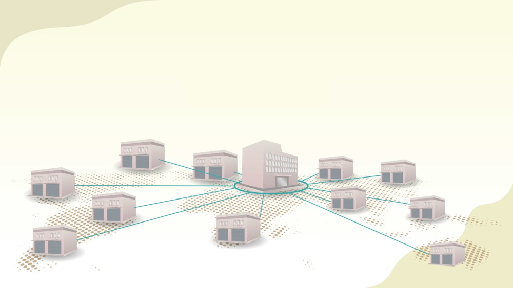 hub and spoke model concept. Distribution model with main center (hub) and branches (spoke). supply chain management concept vector illustration.