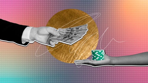 Composite photo collage of hands hold money income chip casino jackpot exchange poker game profit usd isolated on painted background.