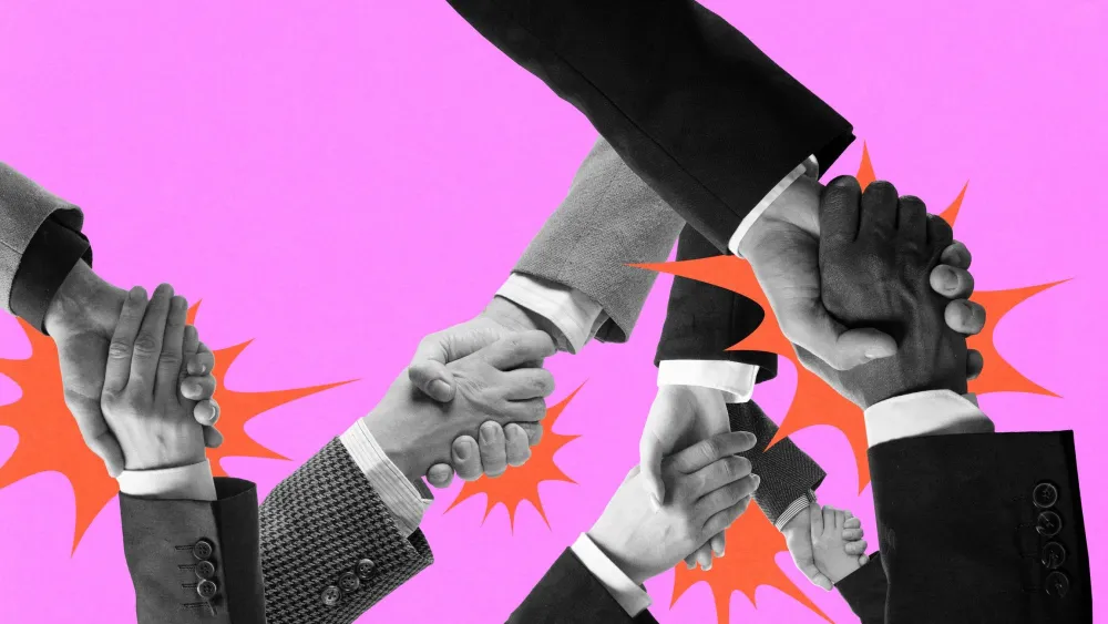 Contemporary art collage. Conceptual design. Multiple handshakes forming chain reaction. Successful cooperation, strong relationships, teamwork. Concept of business, agreements, communication, trust.