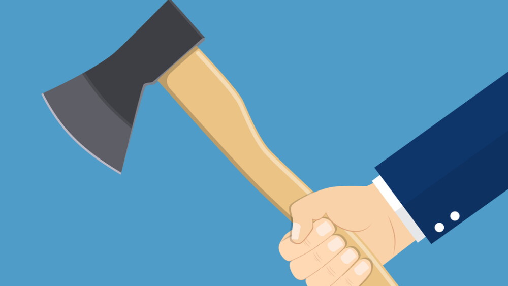 Axe holding in hand man lumberjack. Woodman, carpenter, joiner, icon. Template hard work. Vector illustration flat design.