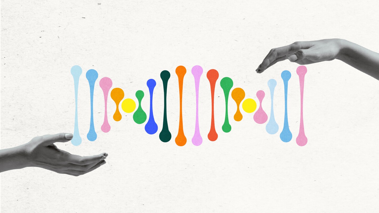 Abstract colorful DNA helix held by two hands, symbolizing genetics, biology, and advancements in medical research. Conceptual art design. Concept of medicine, treatment, health care, medical science