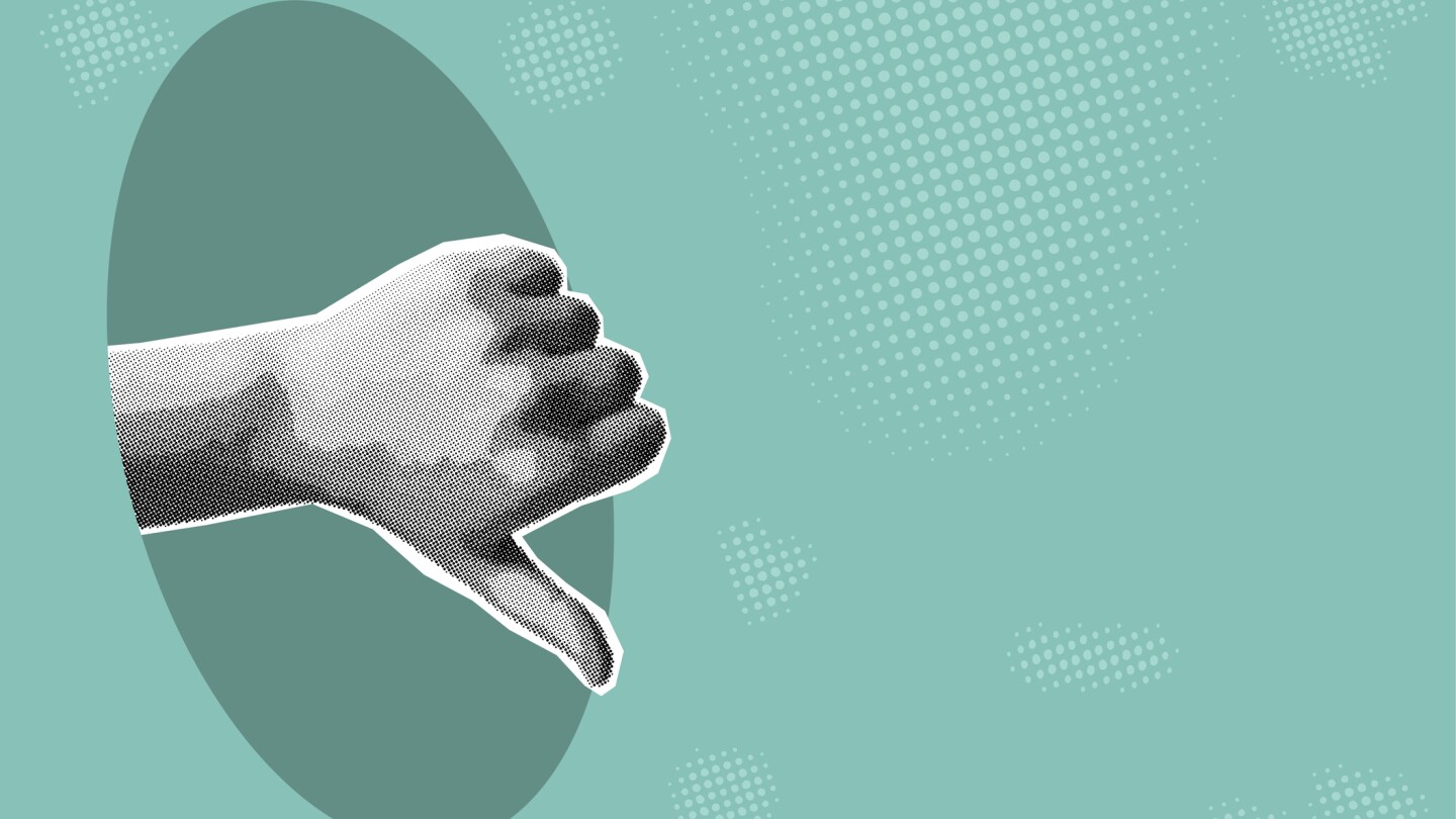 halftone magazine style banner, dislike, negative rating, hand thumbs down