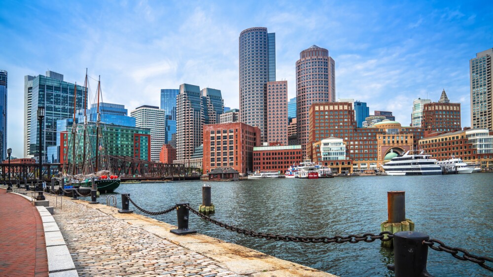 Boston harbor and cityscape skyline view
