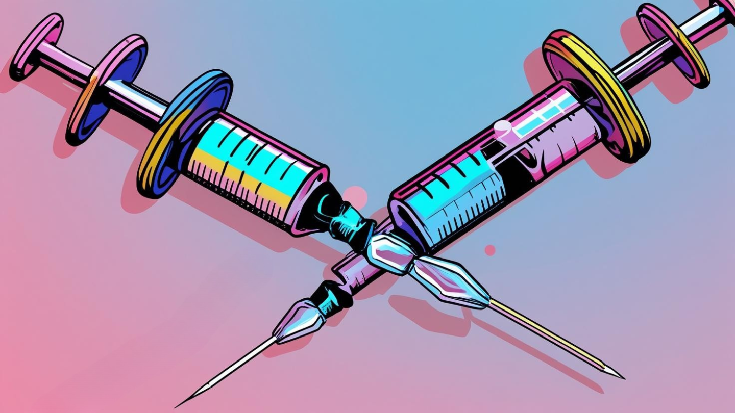 Illustration of two syringes in a pop art style with pinks and blues