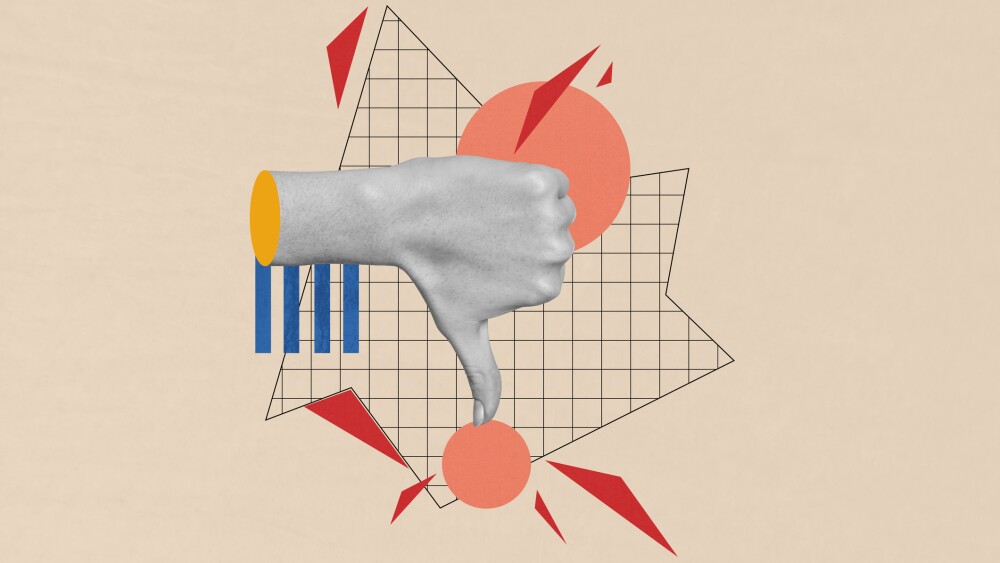 Poster sketch image artwork photo collage of body language finger showing gesture symbol thumb down dislike dissatisfied minus no opinion.