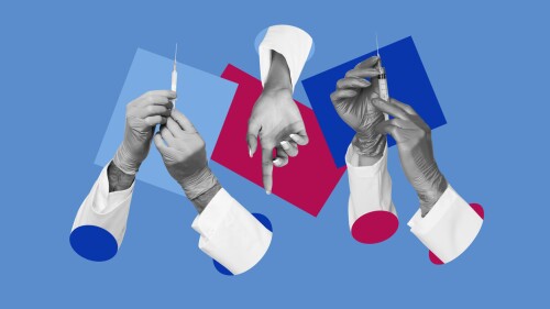 Creative collage human 3d hands body fragments needle injection gloves medical healthcare hospital virus prevention drawing background.