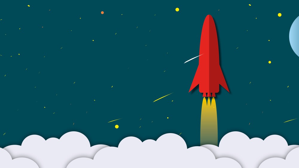 Red rocket with clouds rising up as metaphor for business and financial growth, Success and financial developing, Business growth concept, paper cut style.
