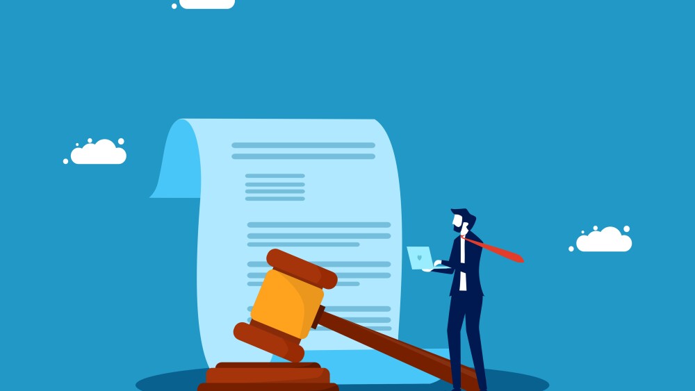 Lawyer legal documents. Businessman and legal documents with judgment hammer symbol. vector