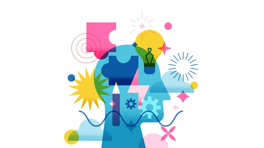 Head with puzzle, light bulb, flash, gear, cloud symbols. Vector concept for creativity mind, innovation education stock illustration