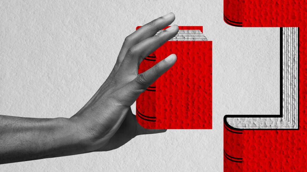 Contemporary art collage. Human hand taking off book symbolizing growth of professional skills and knowledges. Education. Concept of business, office, career, creativity, growth, achievement, ad