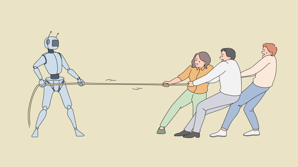 Human workers pulling the rope against robotic worker. Vector concept illustration of fighting between artificial intelligence technology and business people.