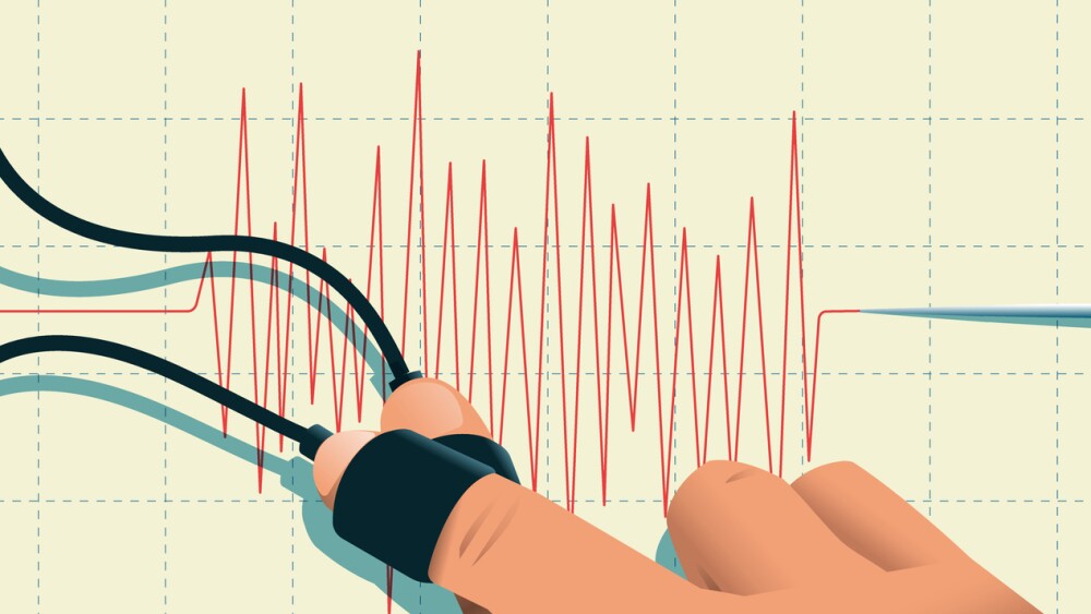 Crossed fingers and polygraph. Dishonesy, fake news, manipulation concept. Vector illustration.