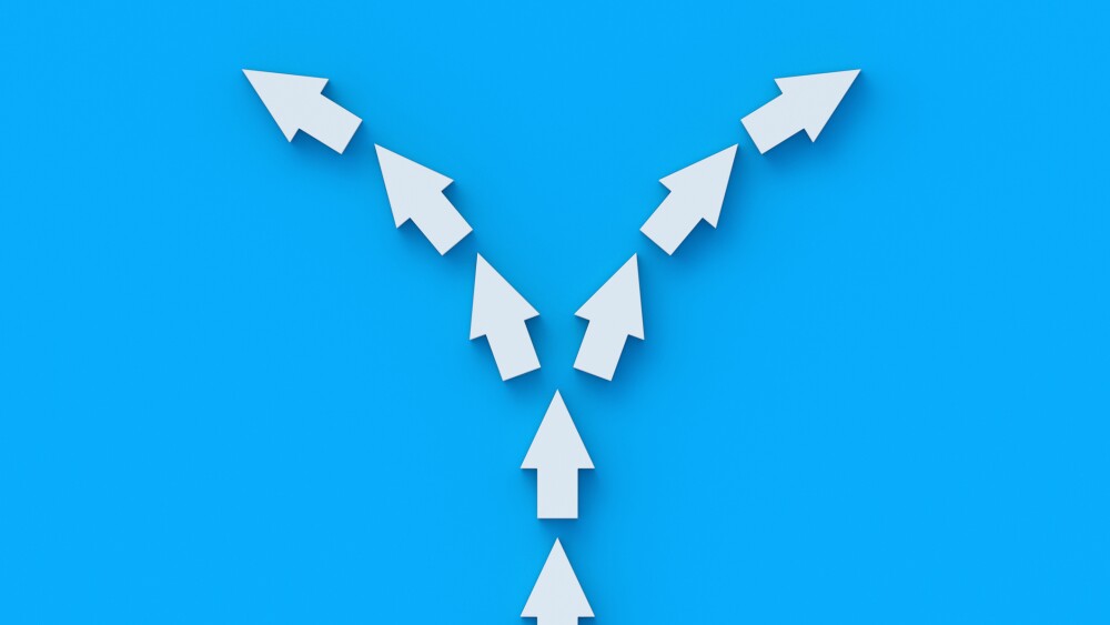 Different business strategies. Various solutions. Splitting opinions. Choosing way. Movement options. Separation of directions. Dilemma concept. Two diverging paths of arrows. 3d render