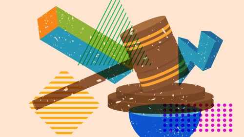 Risograph Gavel with geometric shapes. Objects in trendy riso graph print texture style design with geometry elements.