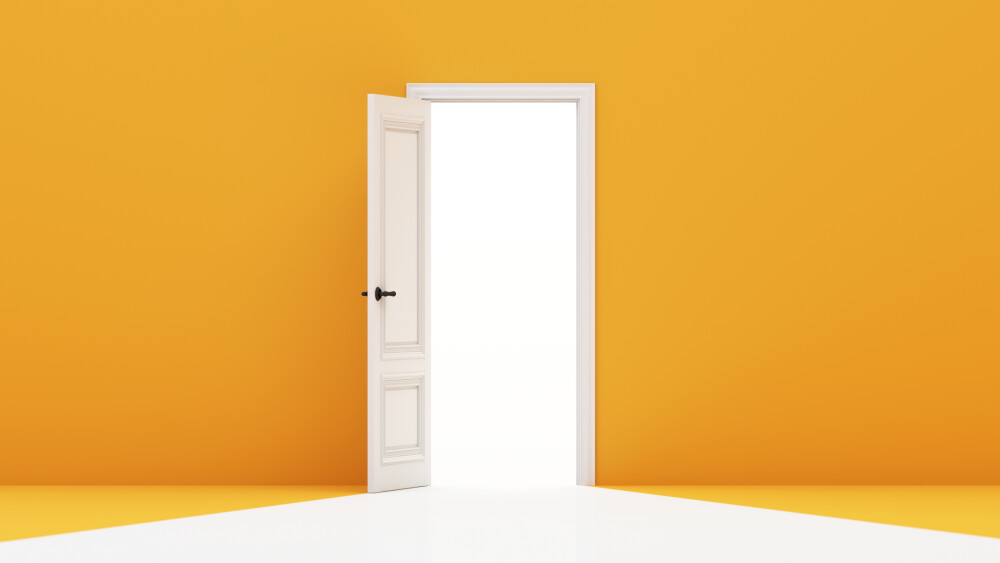 A single white door opens to glowing white light in a yellow room, representing new chances, hope, and creative transitions. 3d rendering