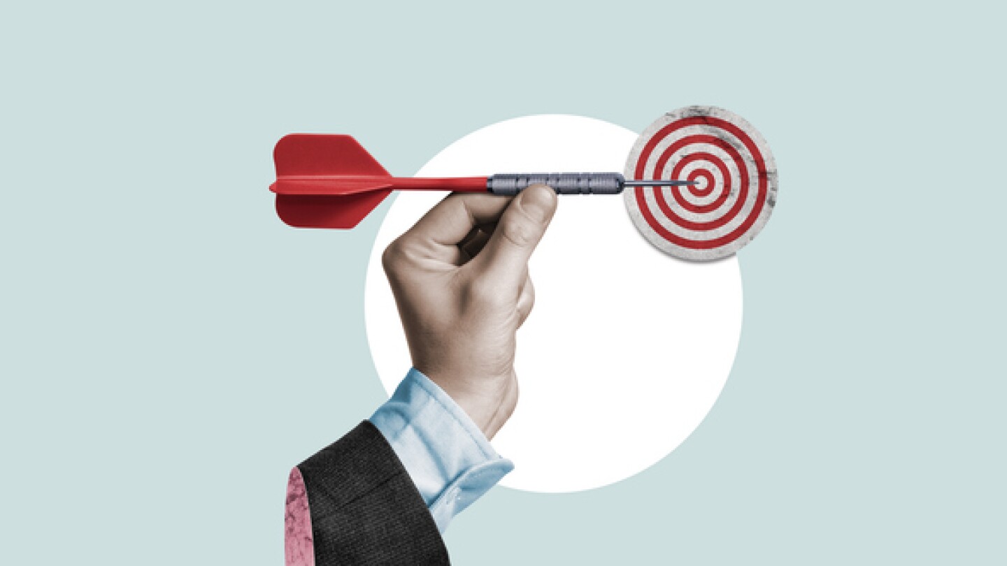 Businessman holding a dart aiming at the target - business targeting, aiming, focus concept. Art collage.