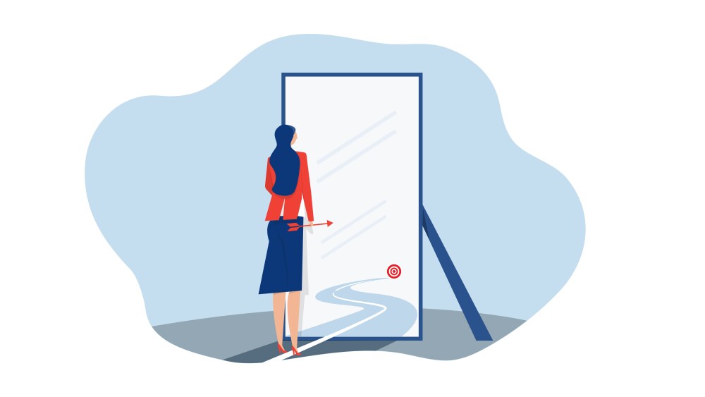 Woman Standing in Front of Mirror Looking goal Themselves as Successful concept vector illustrator stock illustration