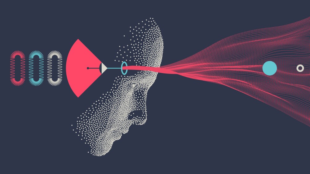 Illustration showing a person processing thoughts and turning them into output