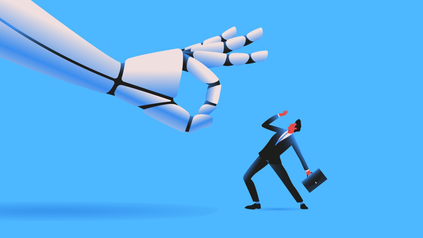 Giant robot flicking tiny man. Ai technologies and unemployment problem concept. Vector illustration.
