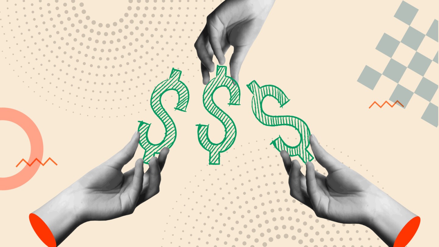 Concept art showing a money icon and human hands