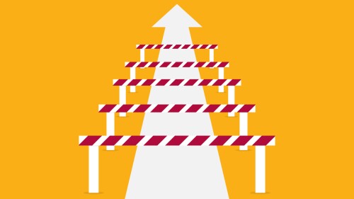 Illustration showing hurdles along a path ending in an arrow