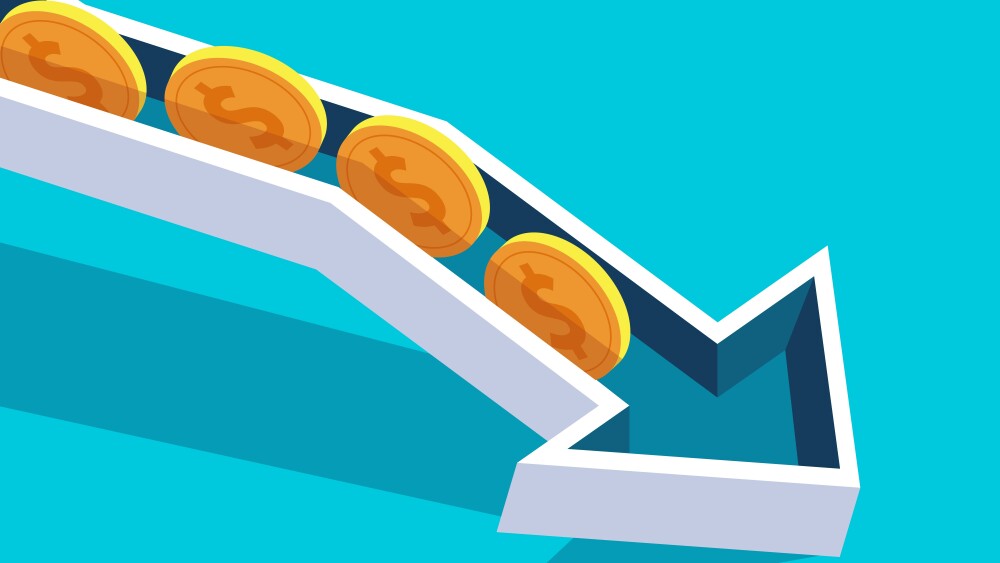 Recession, reduced revenue or lower profits, gold coins roll down following the falling arrow stock illustration