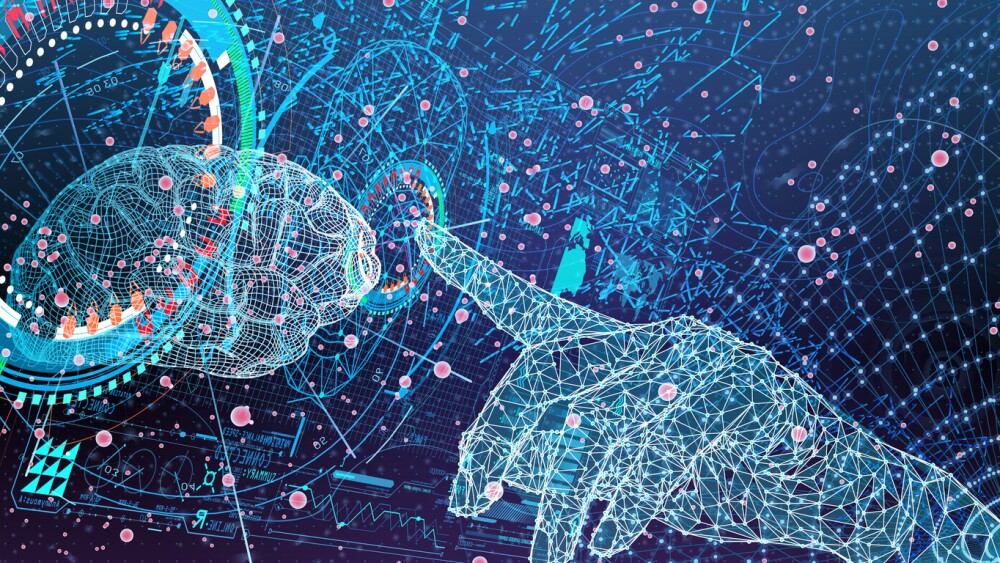 3D illustration for Polygon hand touches mirrored data in cyberspace, big data processing, analytics concept