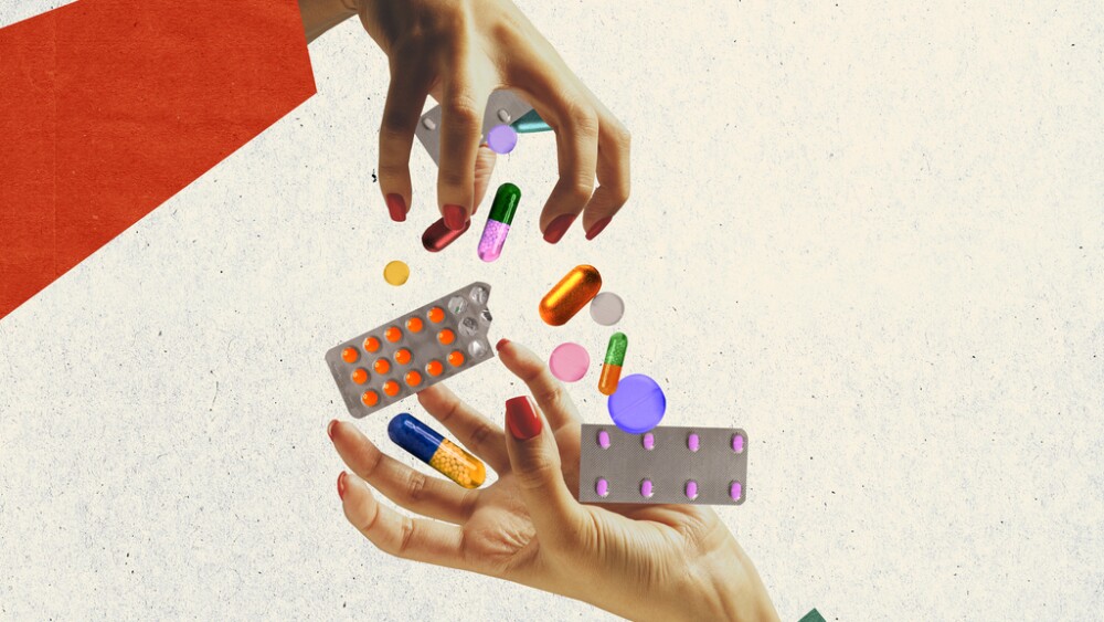 Pastel background. The abstract hand, falling tablets, pills. Artwork or creative collage with art design. Concept of healthcare, covid-19, surrealism, support, medical help, bad habits, drug addiction