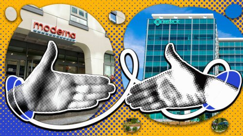 Illustration of two hands about to shake with Moderna and Merck buildings in the background