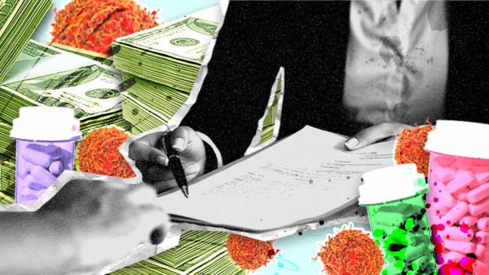 Pictured: Abstract collage of money, pills, prostate cancer cells and signing a contract