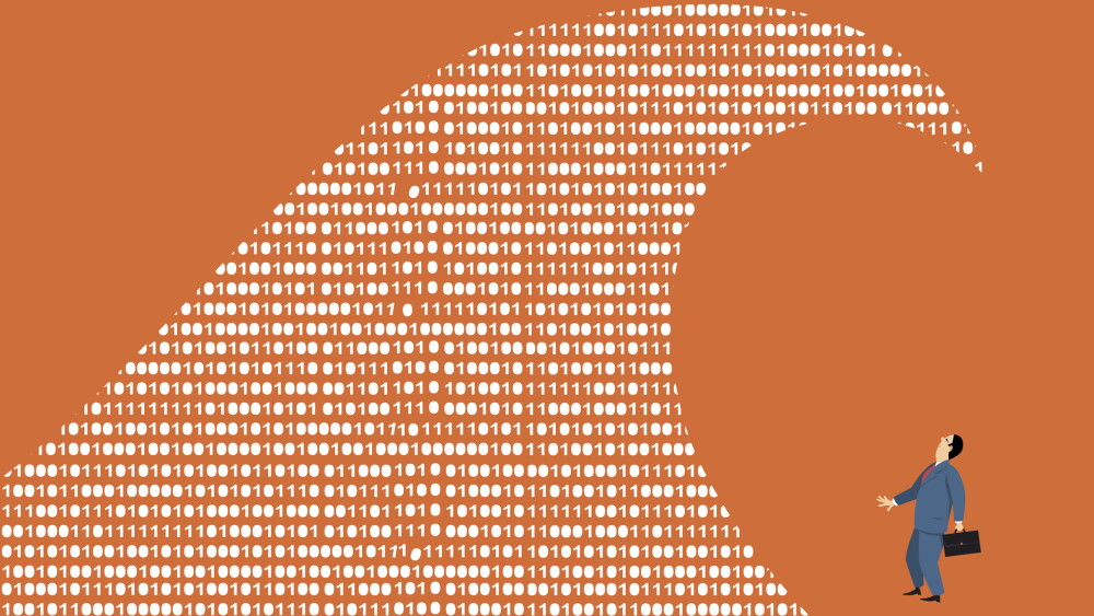 Big wave of a computer code sweeping over a businessman, EPS 8 vector illustration