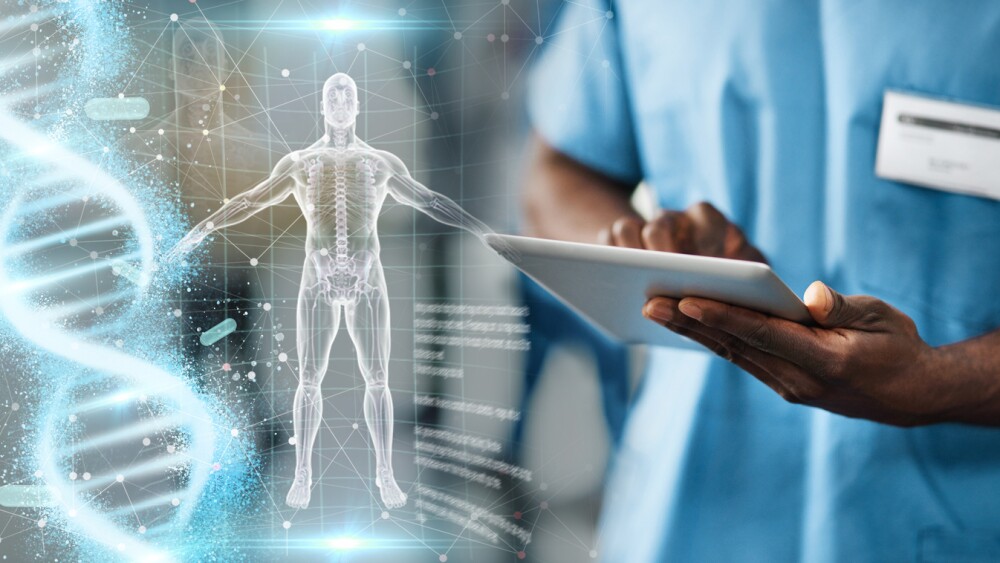 Hands, tablet and doctor with body hologram, overlay and dna research for medical innovation on app. Medic man, nurse and mobile touchscreen for typing on anatomy study or 3d holographic ux in clinic