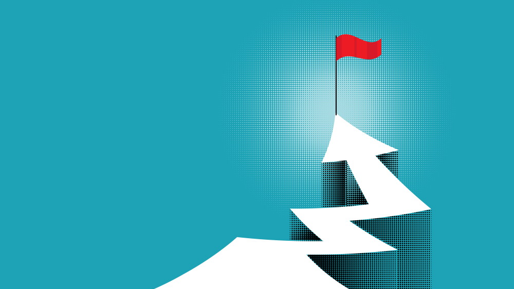 White directional arrow climbs geometric steps toward a red flag on blue halftone texture. Corporate progress, target achievement, leadership ambition and strategic growth concept.