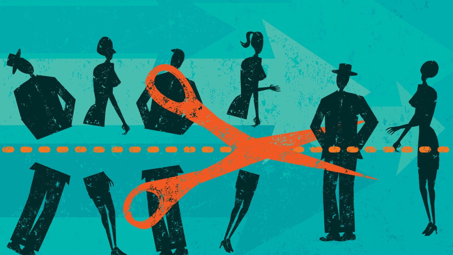 Illustration showing large scissors cutting employees in half